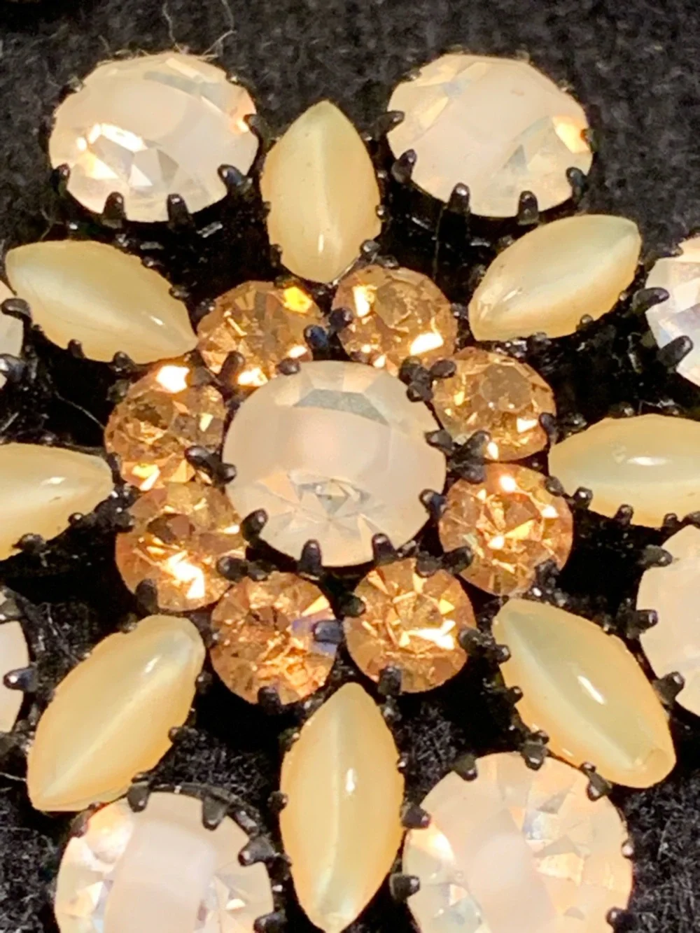 Vintage Austrian Opalescent and Amber Crystal Floral Brooch Set Black Metal
